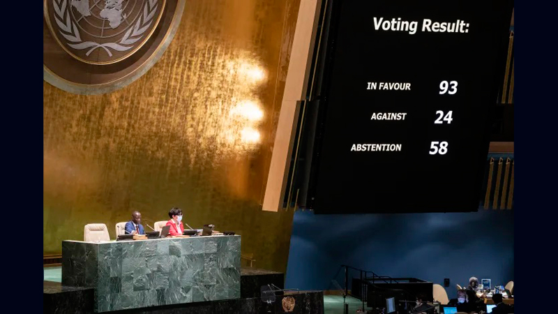 A completed resolution vote tally to affirm the suspension of the Russian Federation from the United Nations Human Rights Council is displayed during a meeting of the United Nations General Assembly on Thursday at United Nations Headquarters.