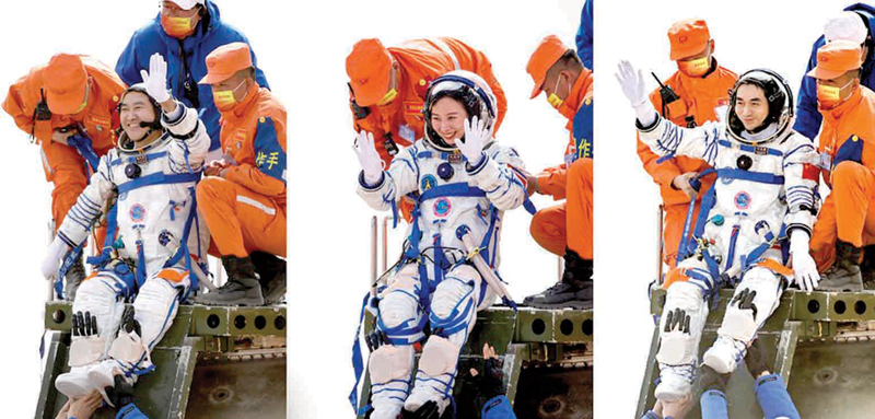 In this combo photo (from L to R), astronauts Zhai Zhigang, Wang Yaping and Ye Guangfu are out of the return capsule of the Shenzhou-13 spaceship at the Dongfeng landing site in North China’s Inner Mongolia Autonomous Region on Saturday. - XINHUA