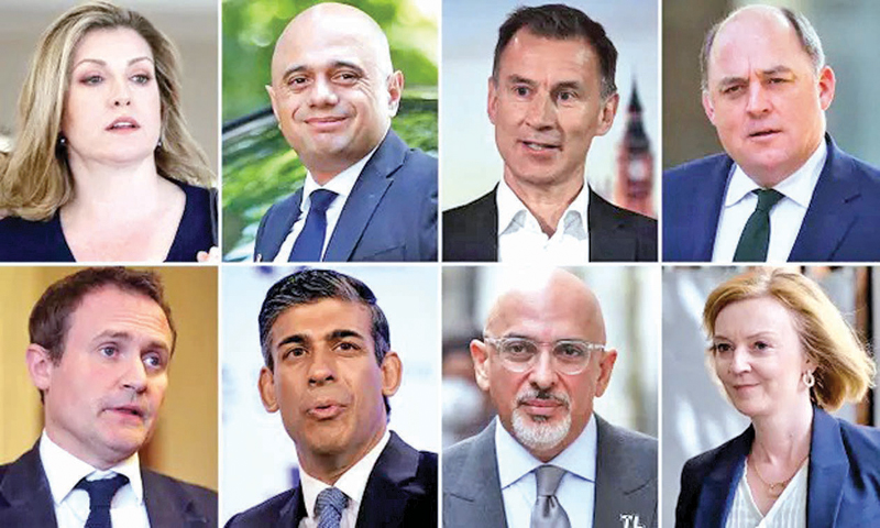 The favourites to succeed Boris Johnson- (TOP: From left) Penny Mordaunt, Sajid Javid, Jeremy Hunt and Ben Wallace and (Below) Tom Tugendhat, Rishi Sunak, Nadhim Zahawi and Liz Truss are all in the frame.
