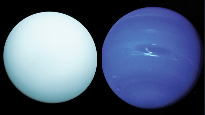 A digital illustration of both planets shows that Neptune (R) has much more of a bluer hue to it than Uranus