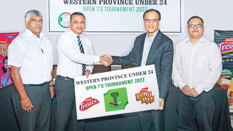 Sponsorship presentation: From left: Roshan Deen – President, Western Province Rugby Football Union, SSP. Nizam Jamaldeen – Vice President, Western Province Rugby Football Union (He is also the Chairman of Tournament Committee), Lawrence Chan – Group General Manager - Prima Group Sri Lanka and Sajith Gunaratne – Deputy General Manager, Ceylon Agro Industries, Prima Group Sri Lanka