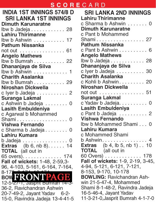 India crumble SL by innings and 222 runs