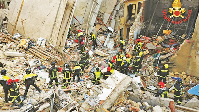 Italian Firefighters working after a four-storey apartment building collapsed, following a gas explosion in Ravanusa.