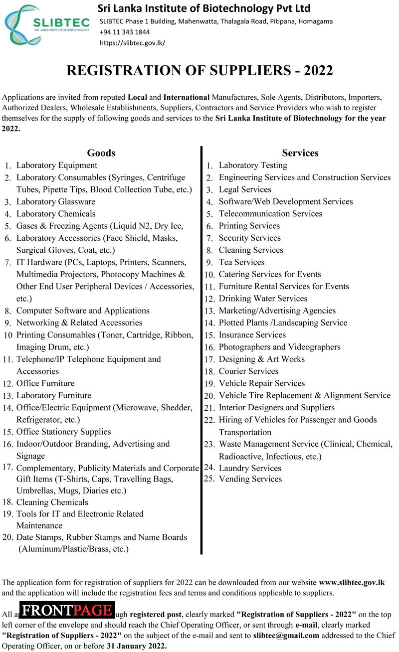 REGISTRATION OF SUPPLIERS – 2022