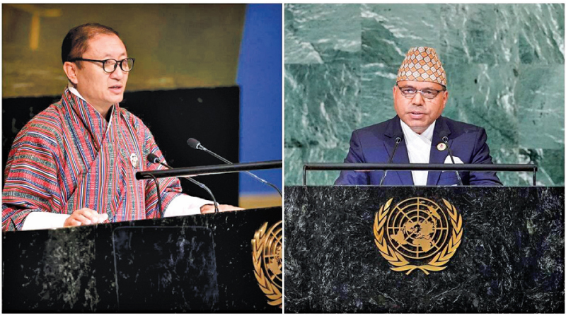 Bhutan's Foreign Minister Lyonpo Tandi Dorji and Nepal's Foreign Secretary Bharat Raj Paudyal speaking at the United Nations General Assembly.