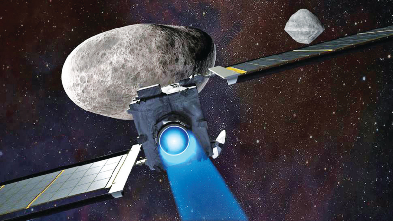 An artist's illustration of NASA's DART spacecraft approaching its asteroid target.