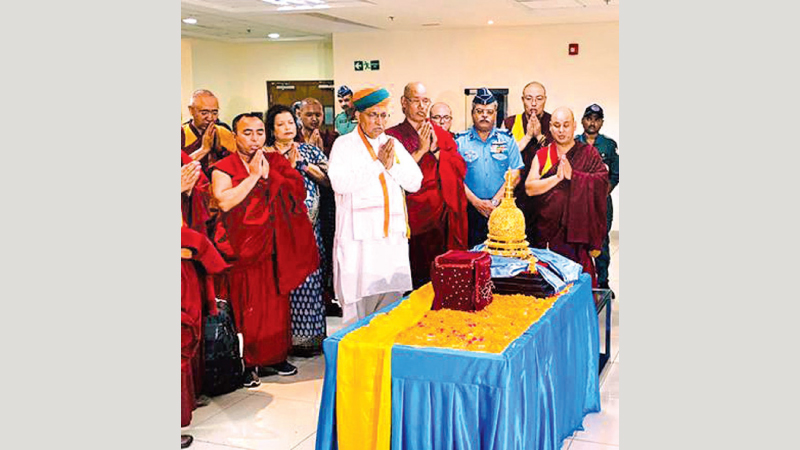 Union Minister of State for Parliamentary Affairs and Culture Arjun Ram Meghwal with the Holy Kapilvastu Relics of the Buddha on Monday.