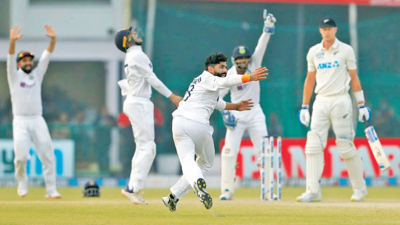 Ravindra Jadeja appeals successfully for the wicket of Kyle Jamieson