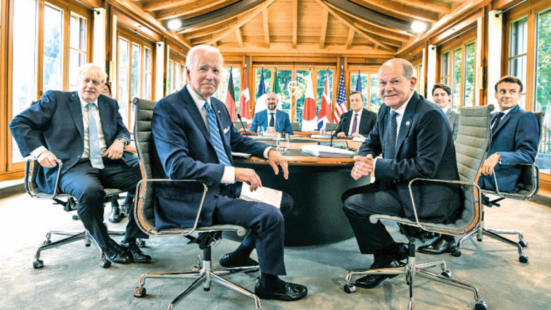 US President Joe Biden attends a working lunch with other G7 leaders to discuss shaping the global economy at the Yoga Pavilion, Schloss Elmau in Kuren, Germany on Sunday.