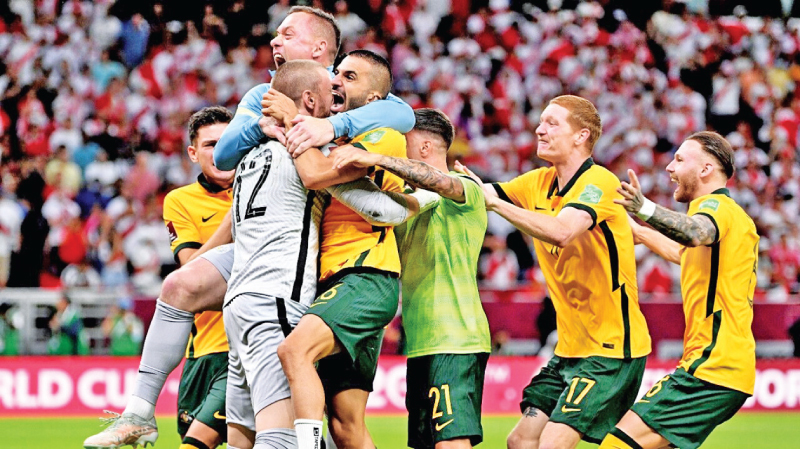 Australia team celebrates victory over Peru in World Cup qualifier