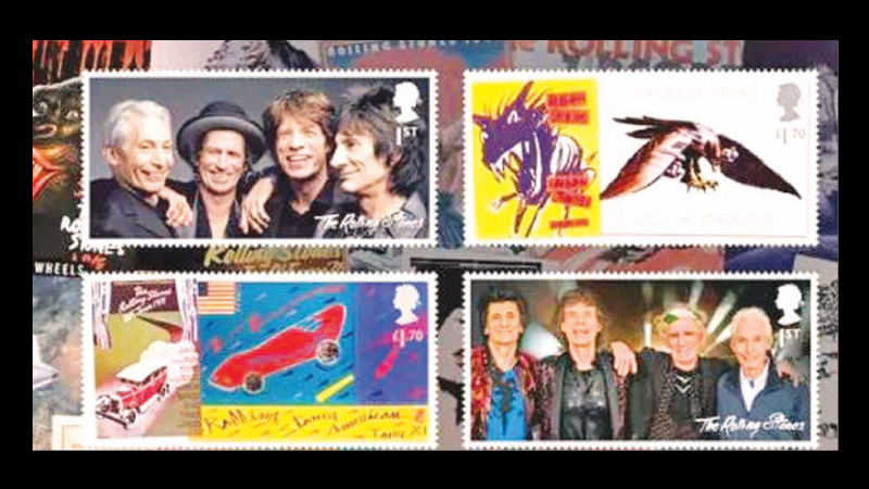 A set of four Royal Mail stamps honouring 60 years of the legendary rock group The Rolling Stones are presented in a Miniature Sheet in this undated handout image.