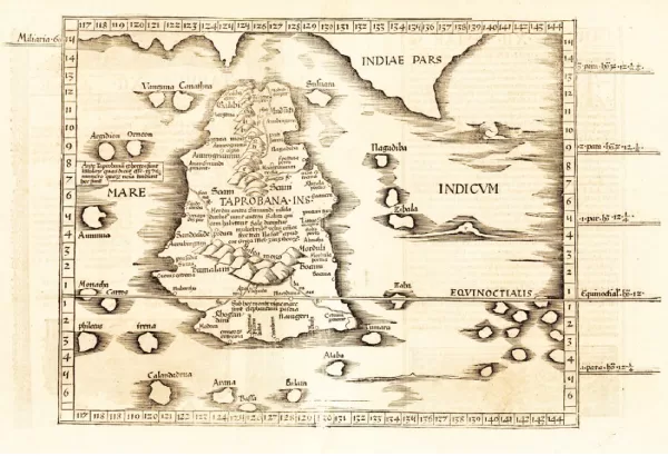 Ptolemy’s Sri Lankan Map created by Claudius Ptolemy in 139 AD. The Greeks called Sri Lanka Taprobana or Taprobane.  
