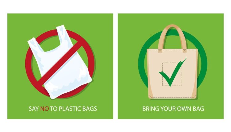 pollution problem concept say no to plastic bags bring your own textile bag cartoon styled images with signage calling for stop using disposable polythene package illustration vector