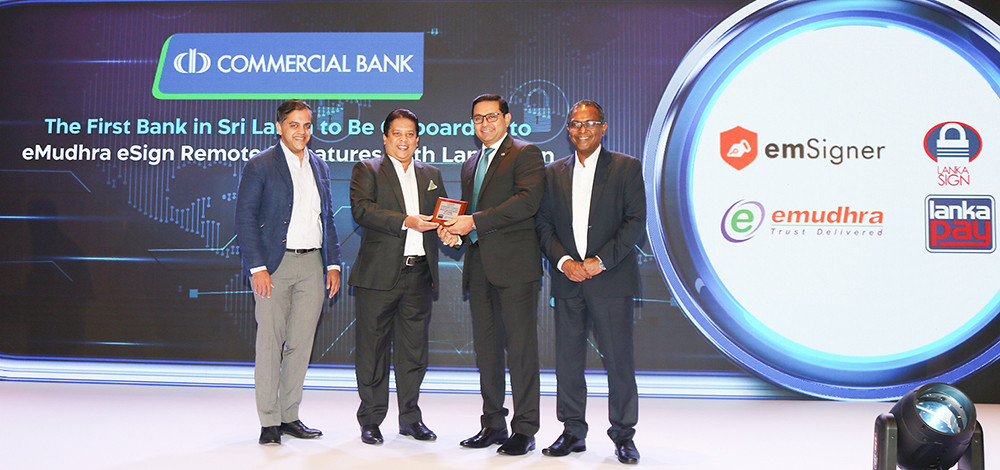 Official Launch of eMudhra e-sign Remote Signature (L-R) Mr. Kaushik Srinivasan - CoFounder - eMudhra Limited; Mr. L H A Lakshman Silva, Chairman of LankaPay; Mr. Sanath Manatunge, Managing Director/CEO of Commercial Bank; and Mr. Channa de Silva, CEO of LankaPay.